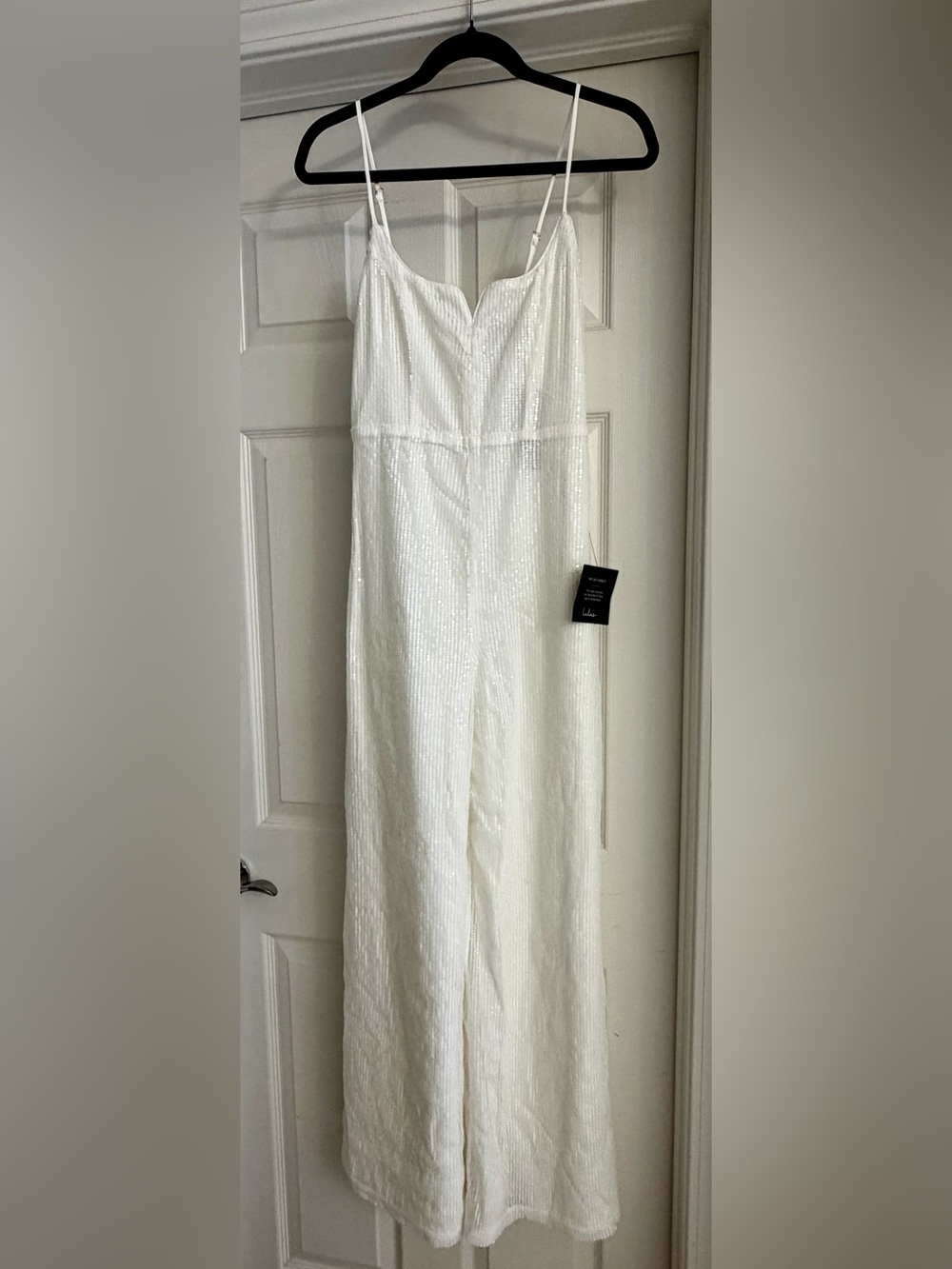 Lulu's White Sequin Spaghetti-Strap Jumpsuit